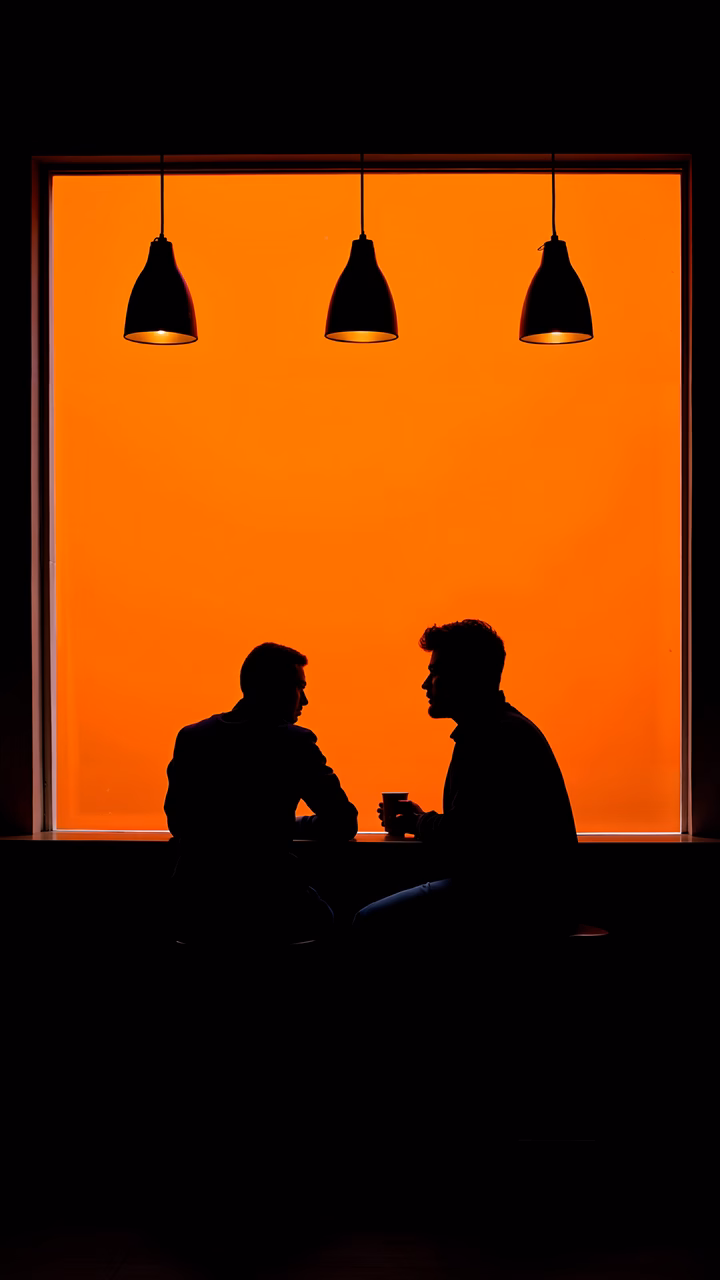 Silhouettes against an orange backdrop, evoking intimacy and drama.