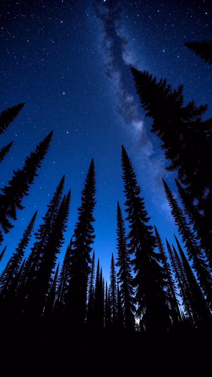 Silhouetted pines under the Milky Way, serene night sky.