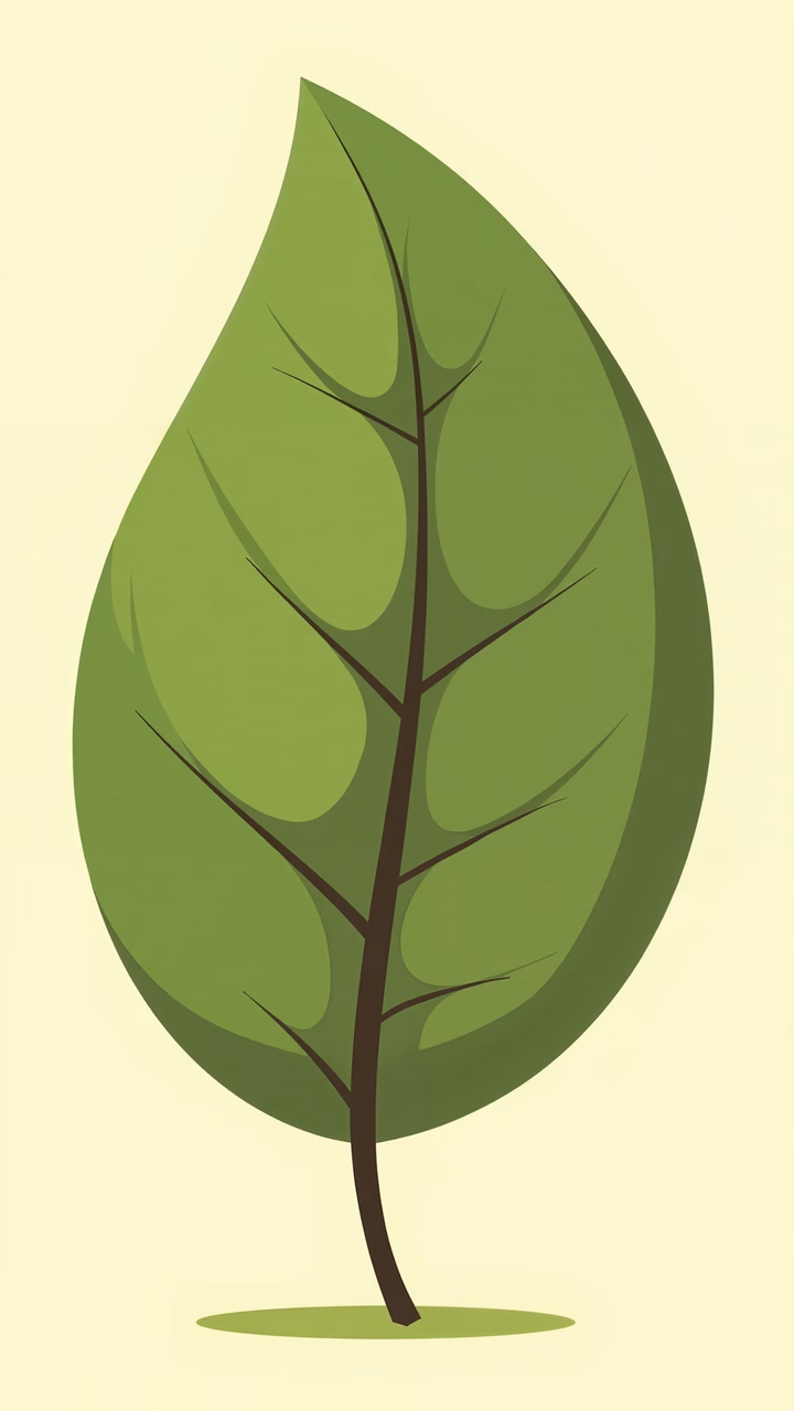 A minimalist illustration of a green leaf on a pale yellow background.