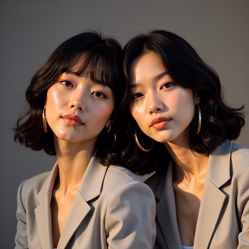 Close-up portrait of two sisters in soft, natural light, wearing beige suits.