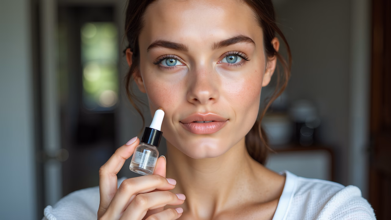 Close-up of a person holding a serum bottle, focusing on skincare and beauty.