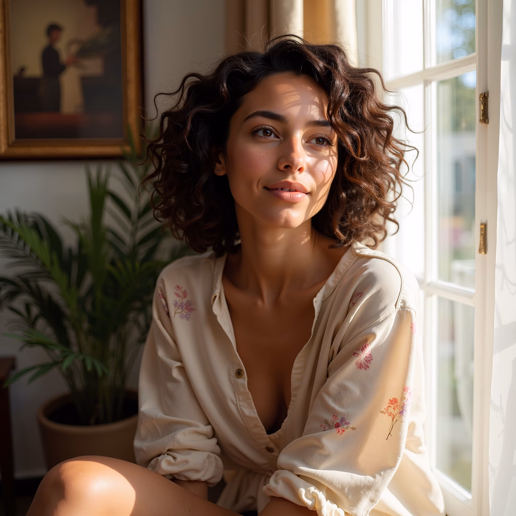 A soft light portrait of a woman seated by a window, exuding tranquility and elegance.