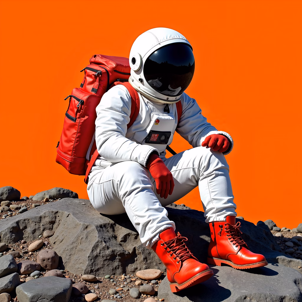 A space explorer in a white suit and red boots against an orange backdrop, symbolizing adventure and exploration.