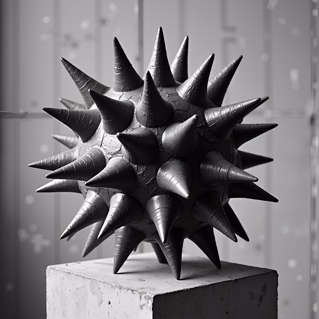 Monochrome spiked ball illustration, industrial modern vibe, tension, unease.