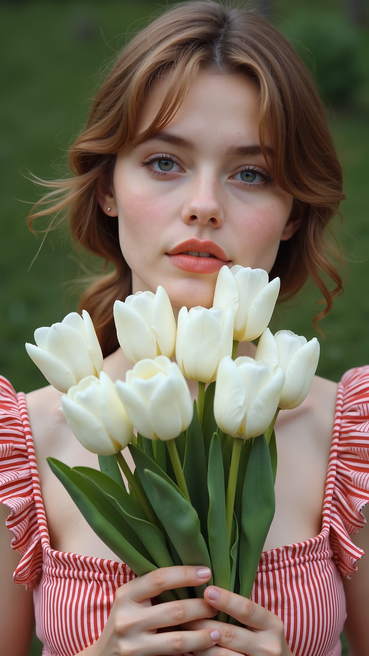 Close-up portrait of a woman holding tulips in a spring setting.