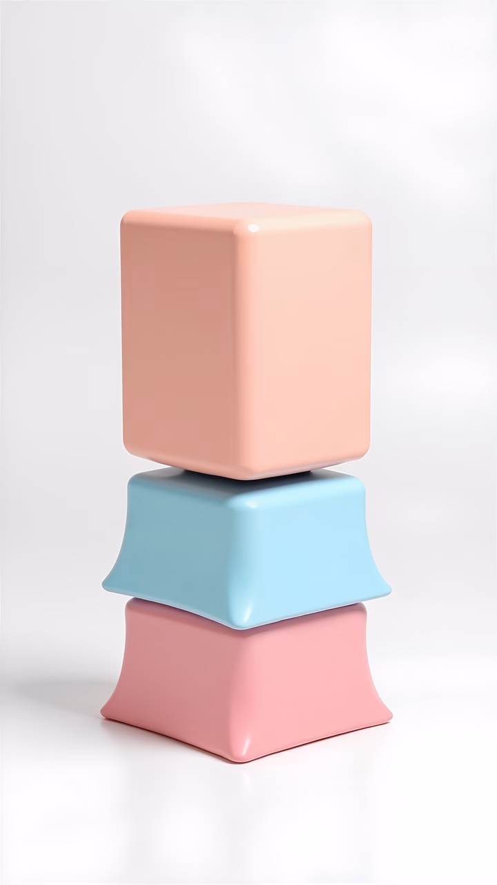 Glossy stacked cubes in soft pastels create a minimalist abstract artwork.