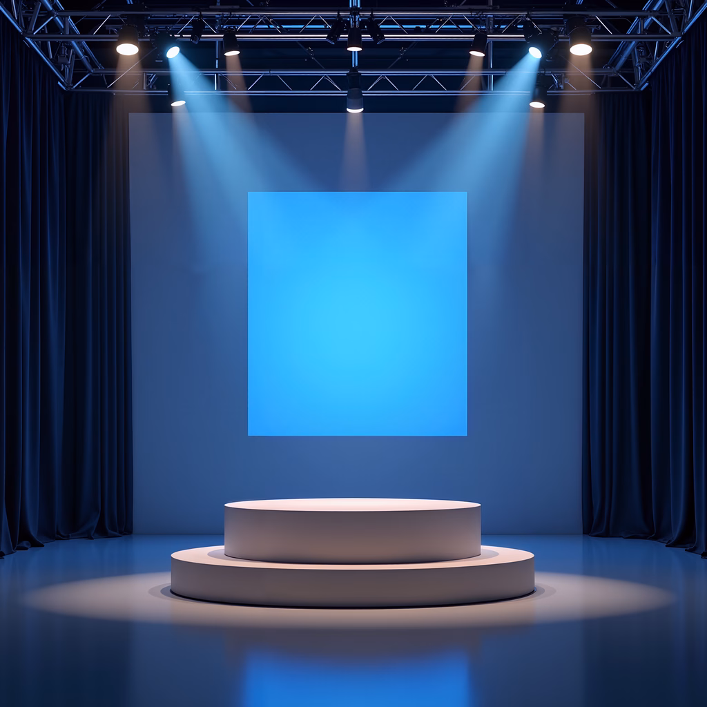Minimalist stage illustration with spotlights and a blue backdrop.