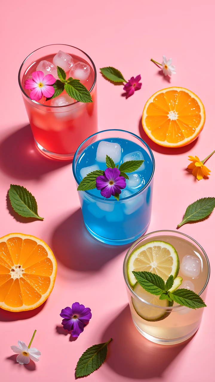 Vibrant summer drinks illustration with fresh garnishes and a cheerful pink background.