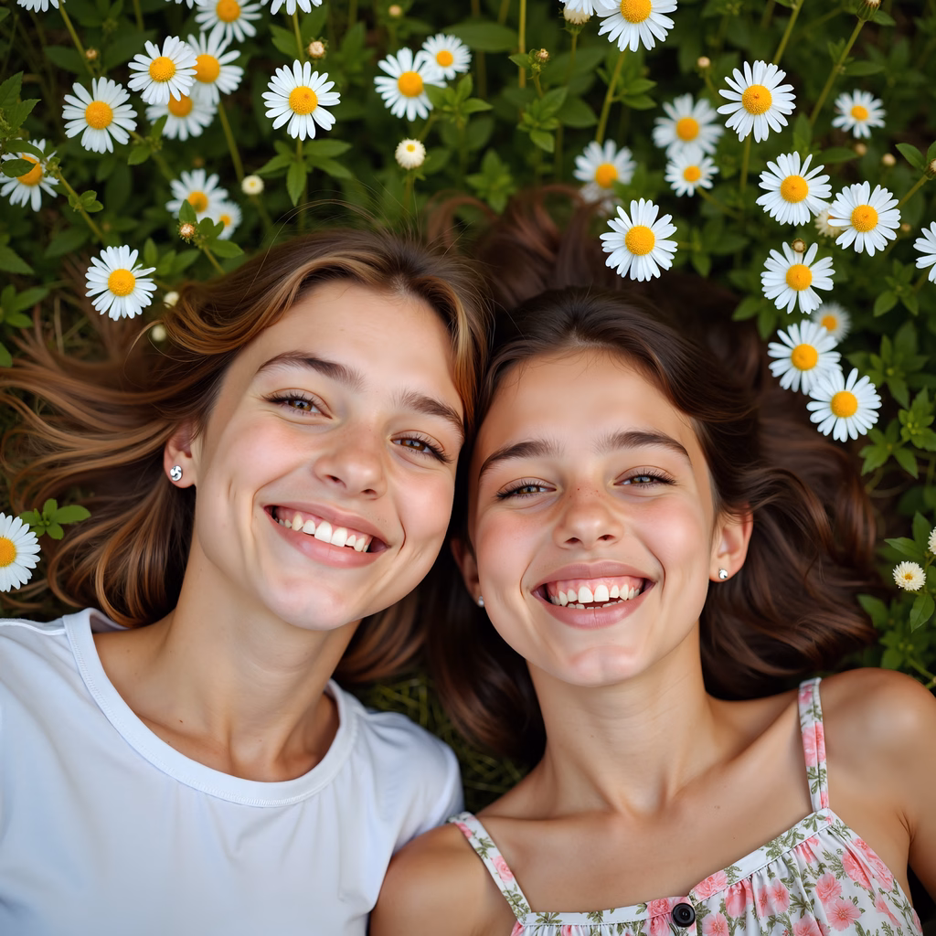 Two smiling girls enjoying a sunny day among daisies.