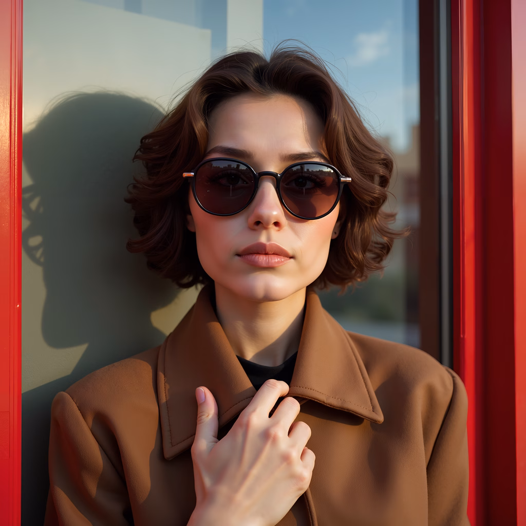 Fashion portrait of a woman wearing sunglasses and a brown coat, set against a red wall with natural lighting.
