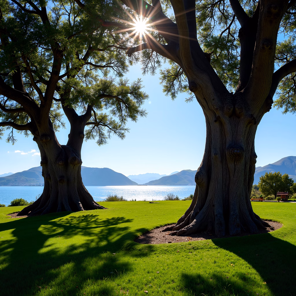 Ancient trees casting dappled shadows against a serene lakeside backdrop.