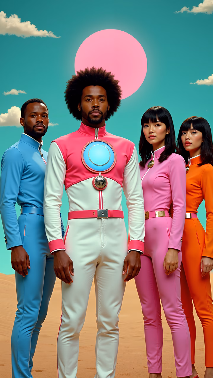 A group of superheroes in striking costumes stand against a surreal backdrop, blending pop art and adventure.