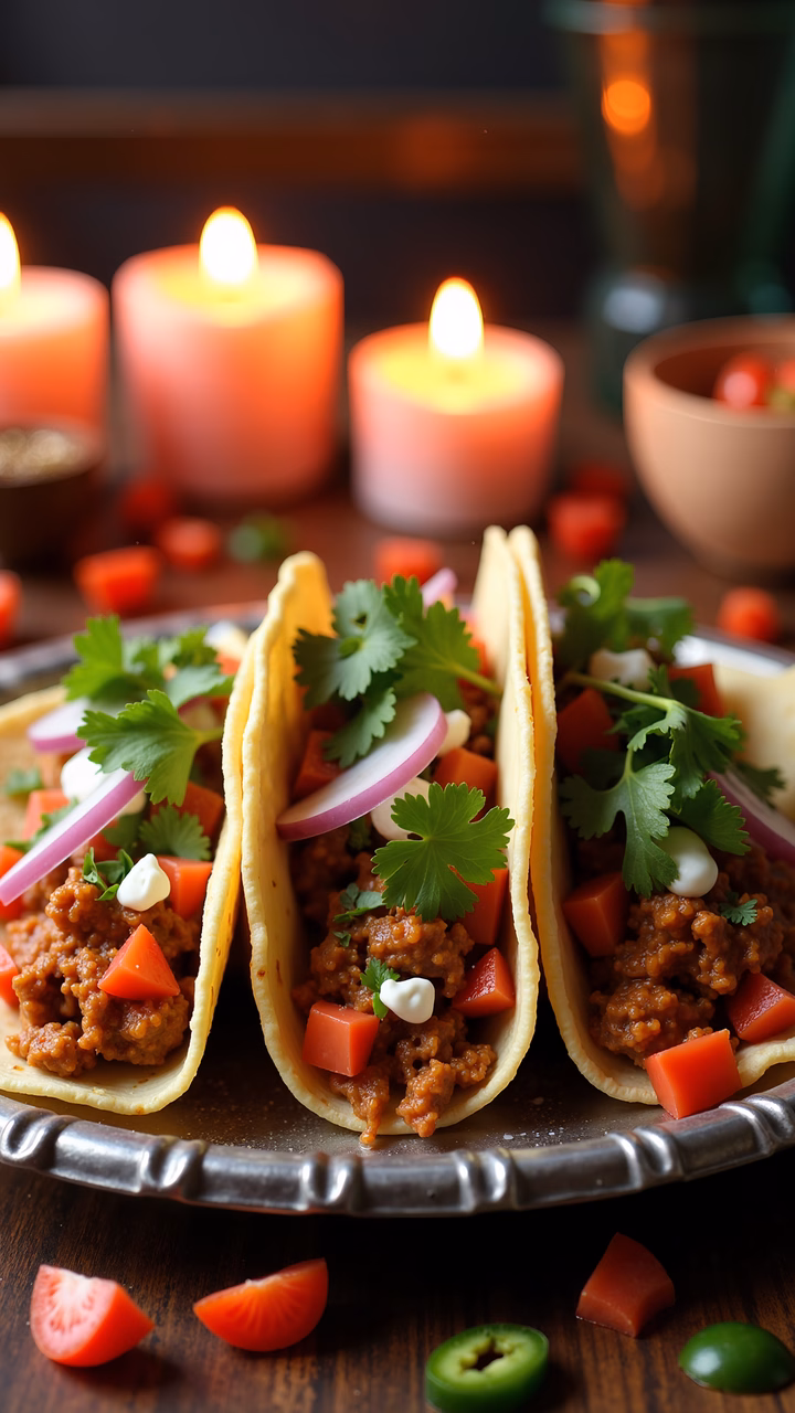 Close-up of tacos with candles, warm ambiance, vibrant colors.