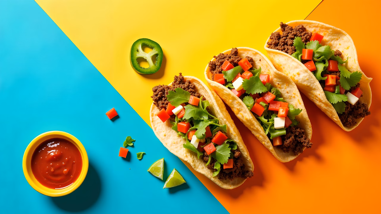 Brightly colored tacos on a split background, perfect for food enthusiasts!