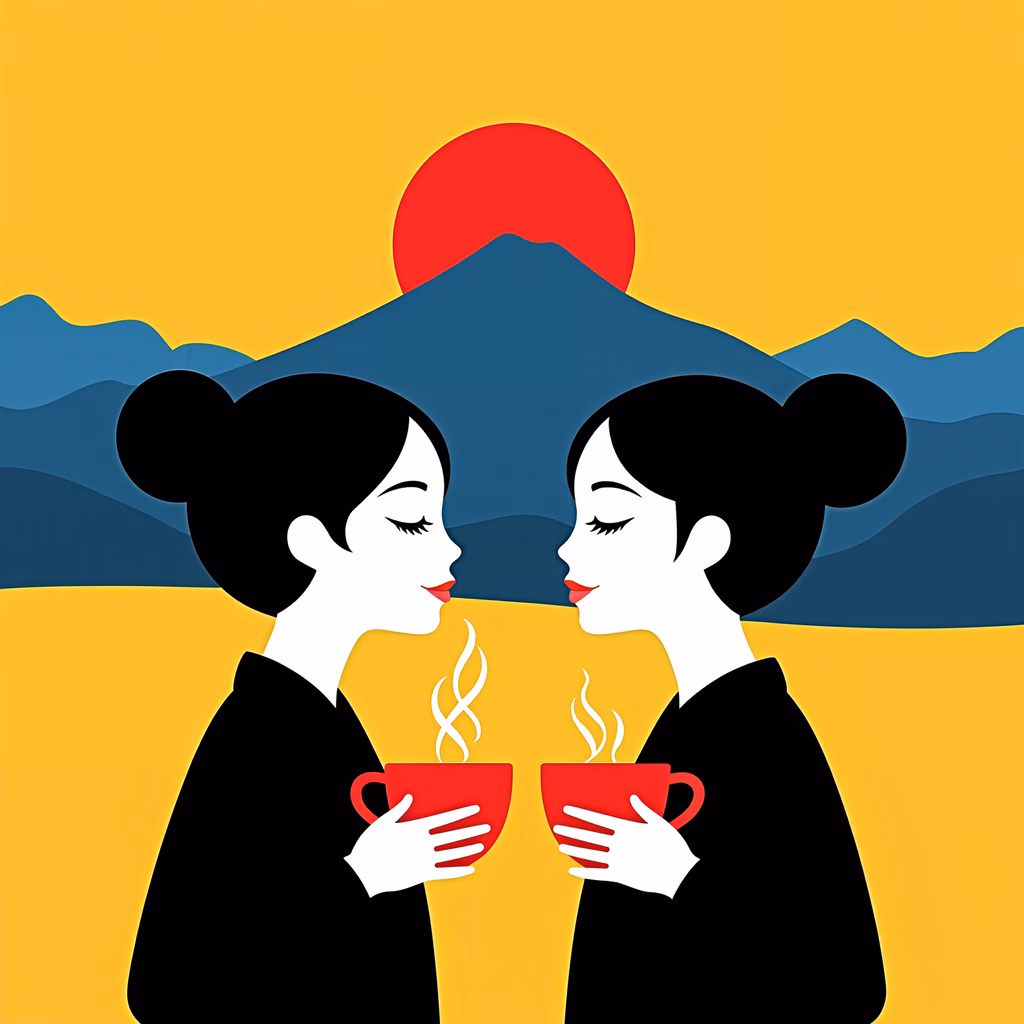 Silhouetted figures enjoying tea under a vibrant sunset, symbolizing peace and connection.