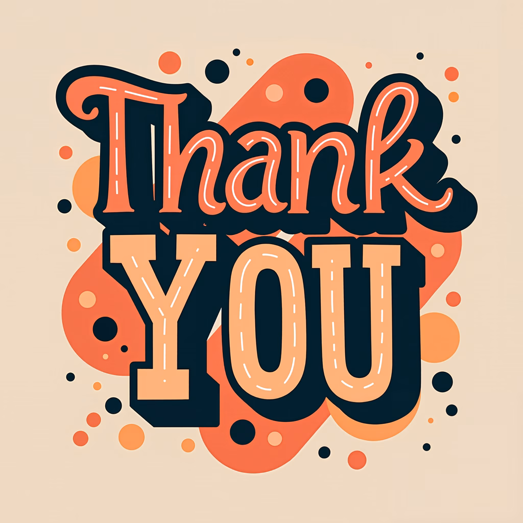 Vibrant 'Thank You' illustration with playful lettering and cheerful dots.