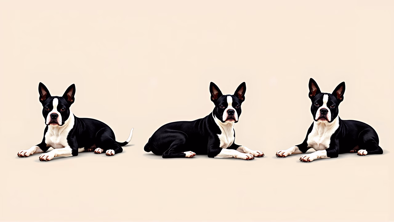 Illustrated trio of Boston Terriers resting peacefully.