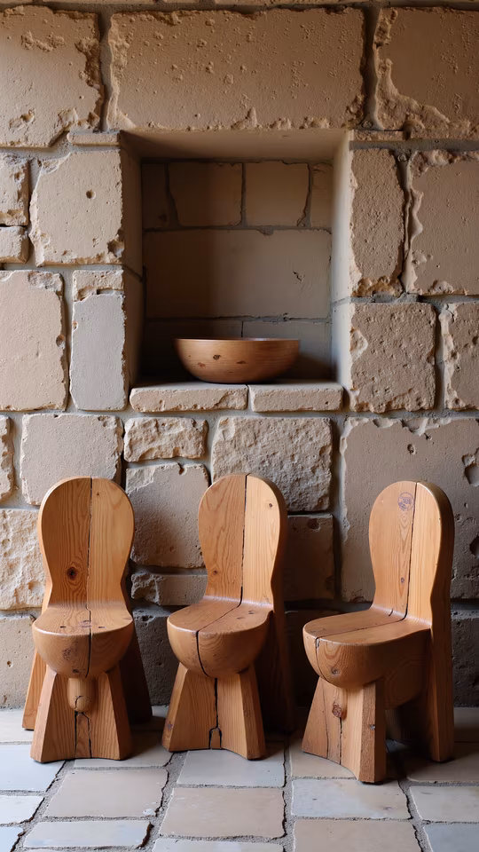 Three Wooden Chairs in Stone Niche