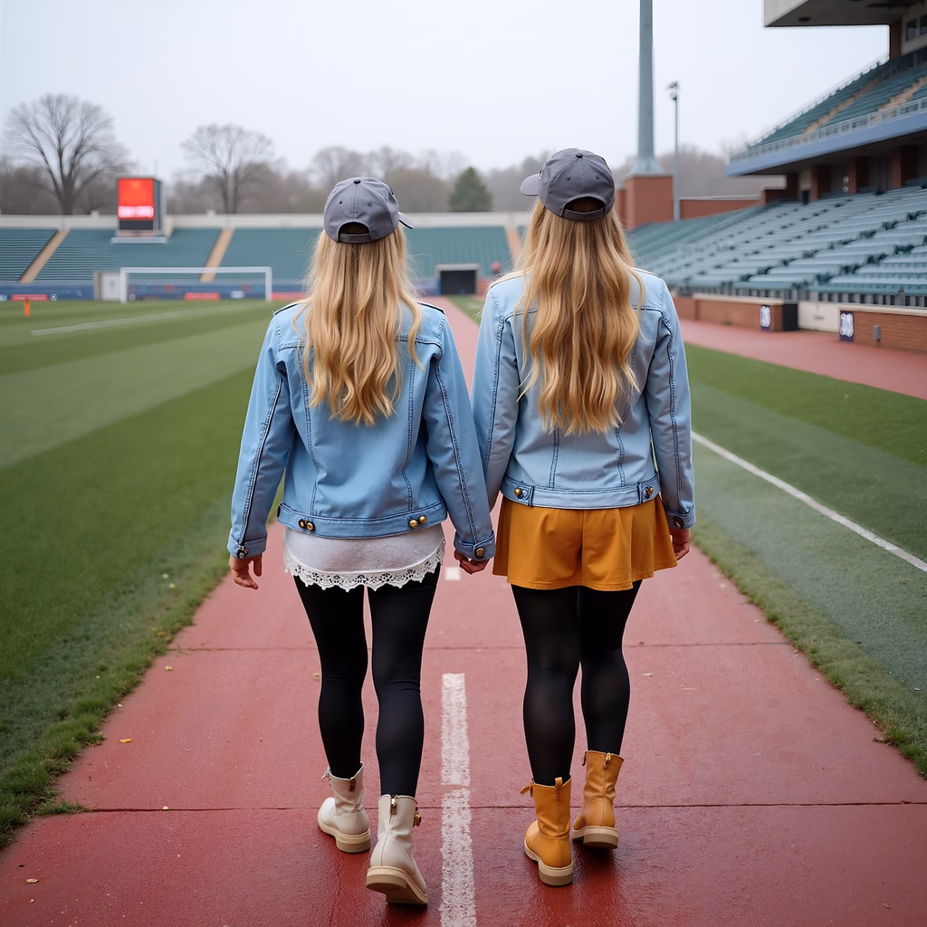 Two twin girls walk hand-in-hand on a sports track, wearing casual attire, under a cloudy sky.
