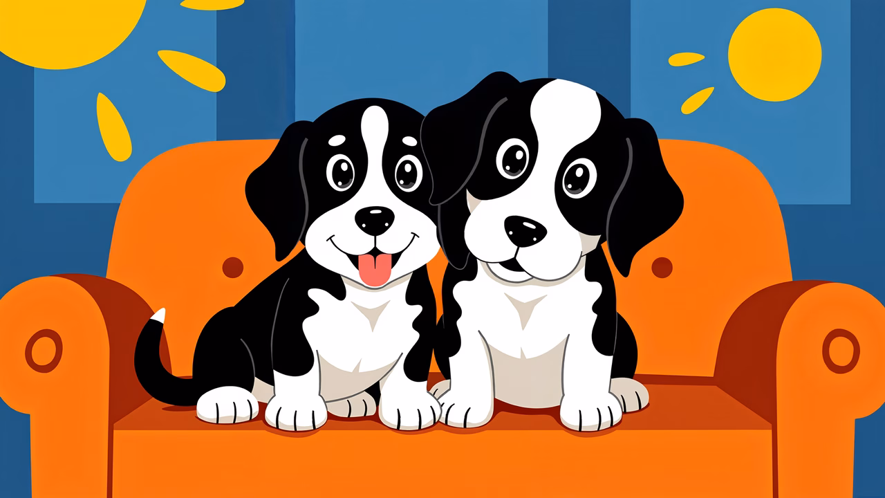 Two cute puppies sitting on an orange couch, cartoon-style illustration.