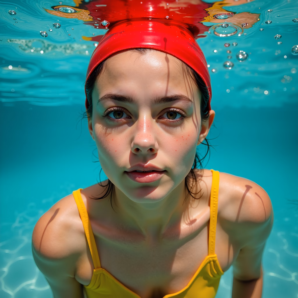 Close-up underwater portrait of person in yellow swimsuit and red swim cap.