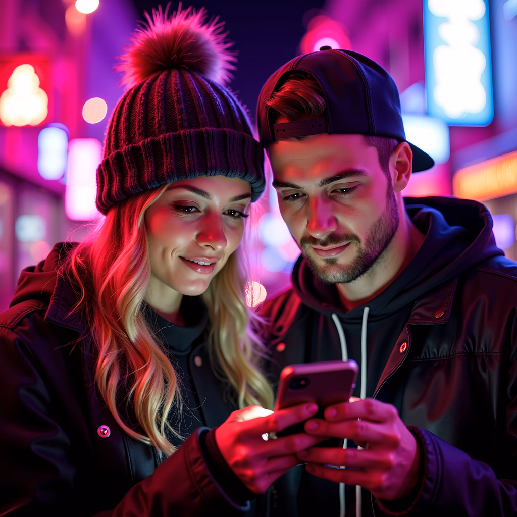 Urban Neon Romance: Capturing shared moments under vibrant lights.
