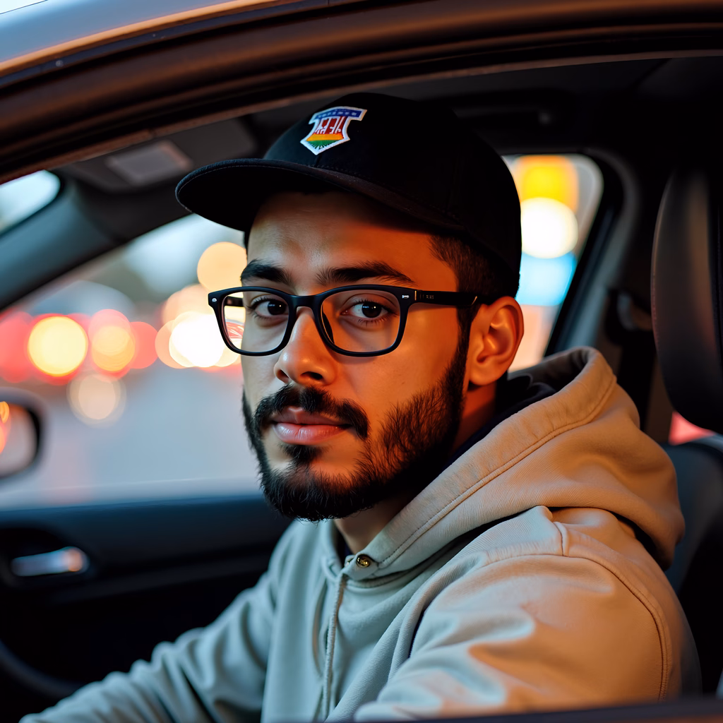 Casual urban night drive with vibrant bokeh lights and warm interior tones.