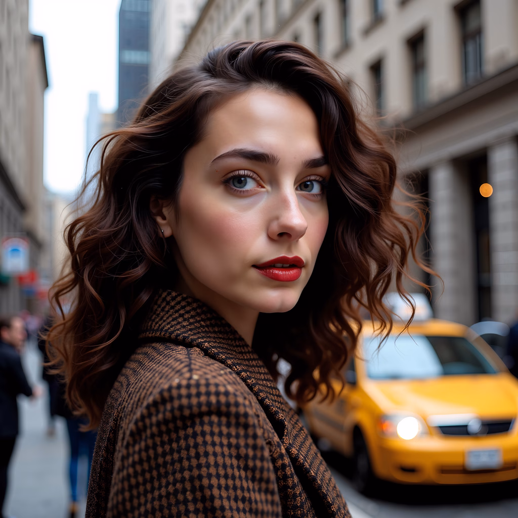 Close-up street portrait of a woman in a checkered coat, urban setting, natural light, depth of field