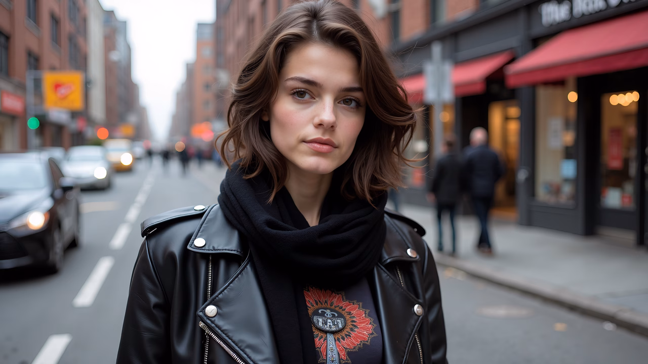 Street fashion portrait of a young woman in a city setting.