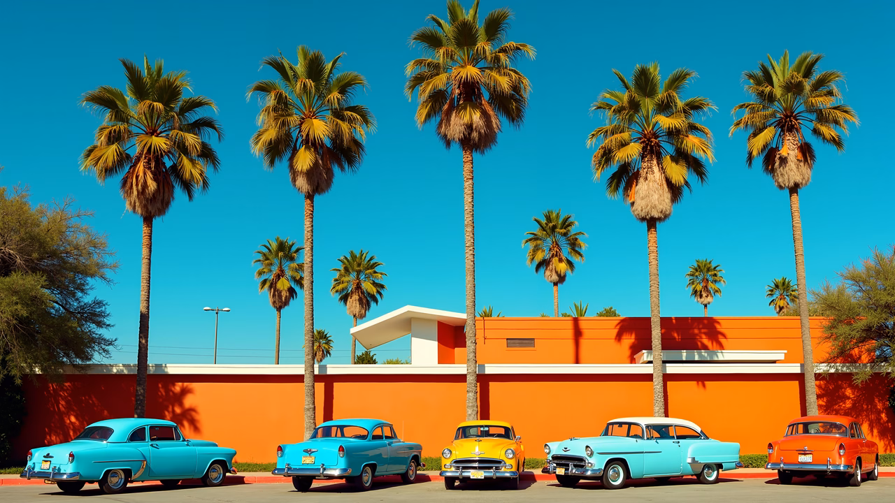 Vintage cars and palm trees in Palm Springs, California.