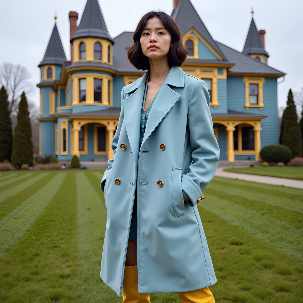 Confident portrait of a woman in front of a colorful Victorian mansion under an overcast sky.