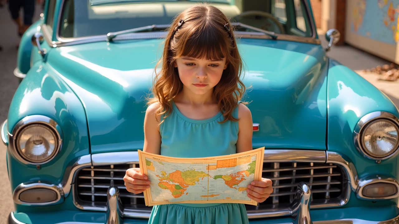 Vintage adventure: curious girl exploring a world map in front of a classic car.