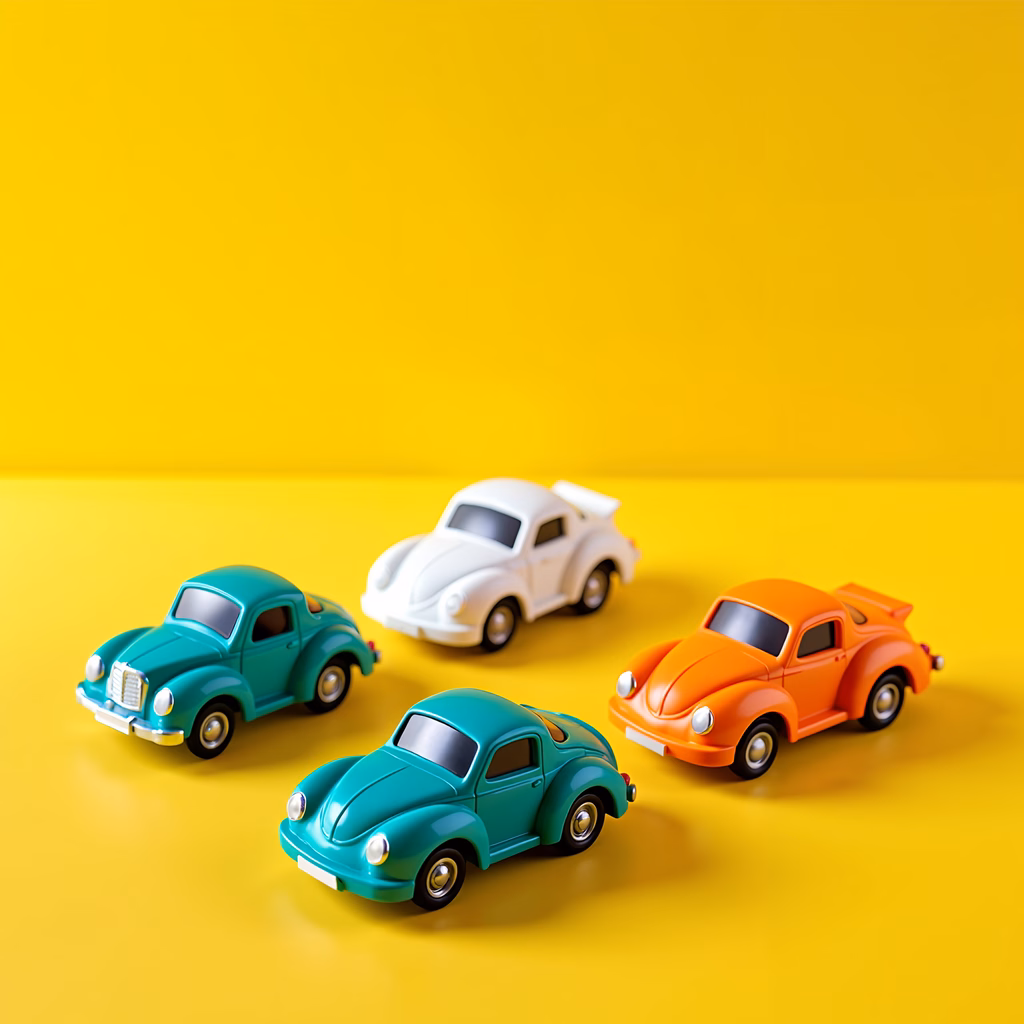 Brightly colored miniature VW Beetles on a yellow background.