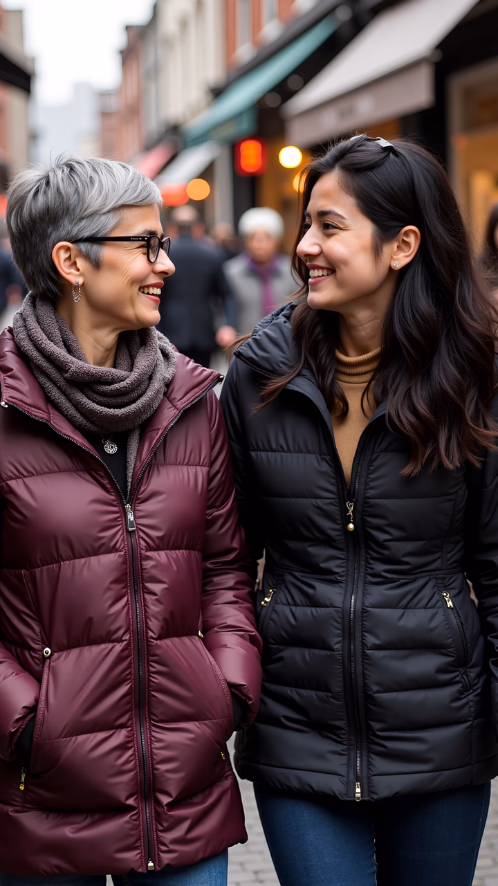 Two women share a joyful moment in a lively cityscape.