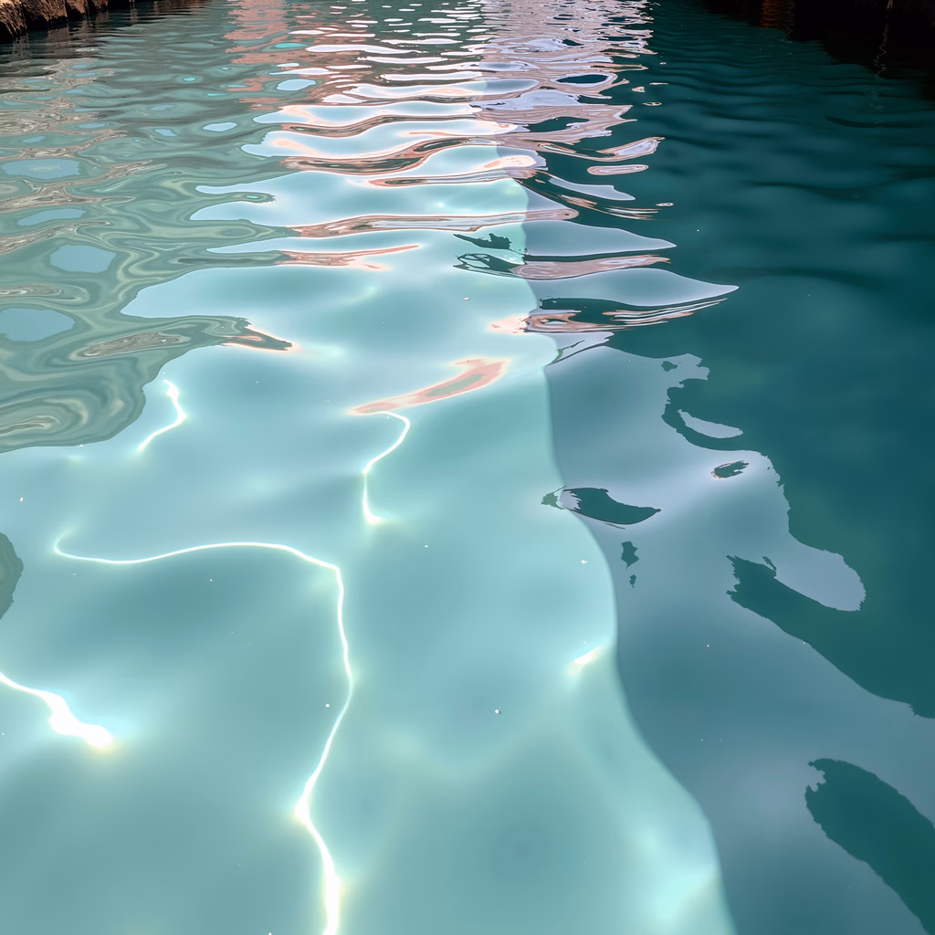 Close-up of water reflections in vibrant teal and green tones, evoking tranquility.