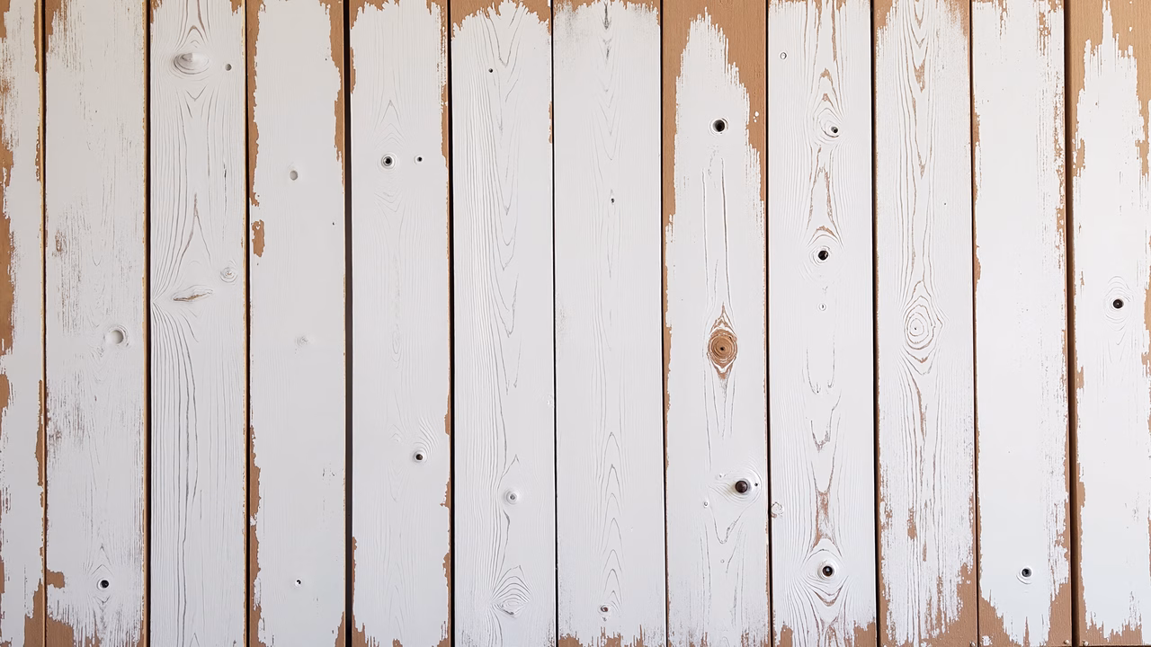 Aged wooden planks with chipped white paint, showcasing rustic charm.