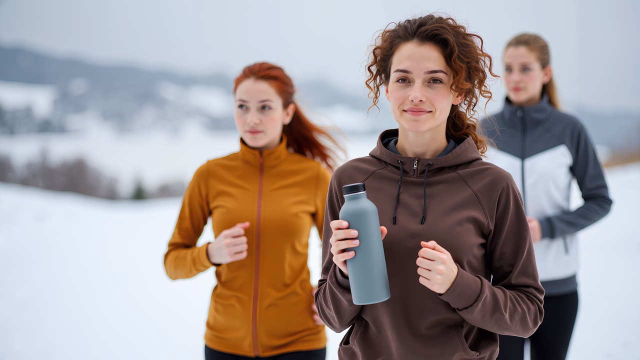 Three runners enjoying a winter jog in a snowy landscape.