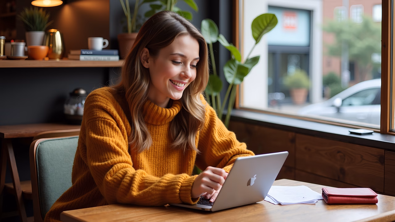 A cheerful woman working on her laptop in a cozy café setting.