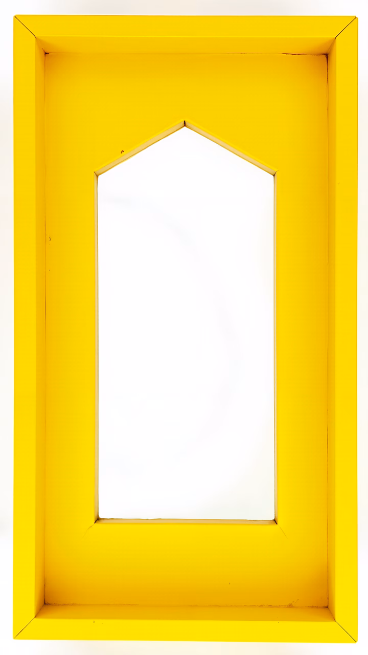Bold yellow frame with stark white interior, minimalist design, modern elegance.