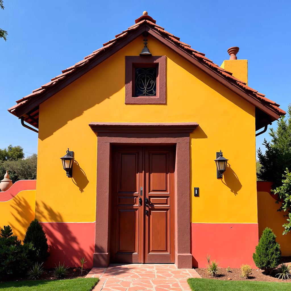 Bright yellow Spanish-style house with red accents and symmetrical design.