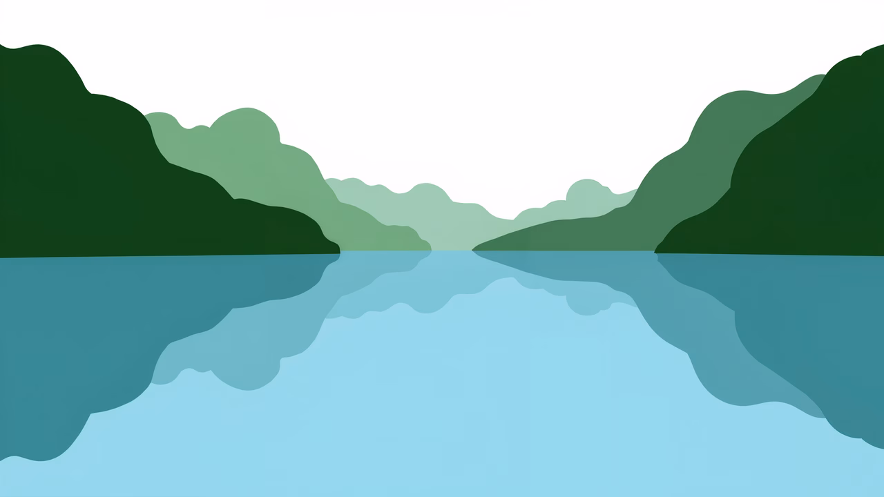 A minimalist abstract landscape with mountains and a lake.
