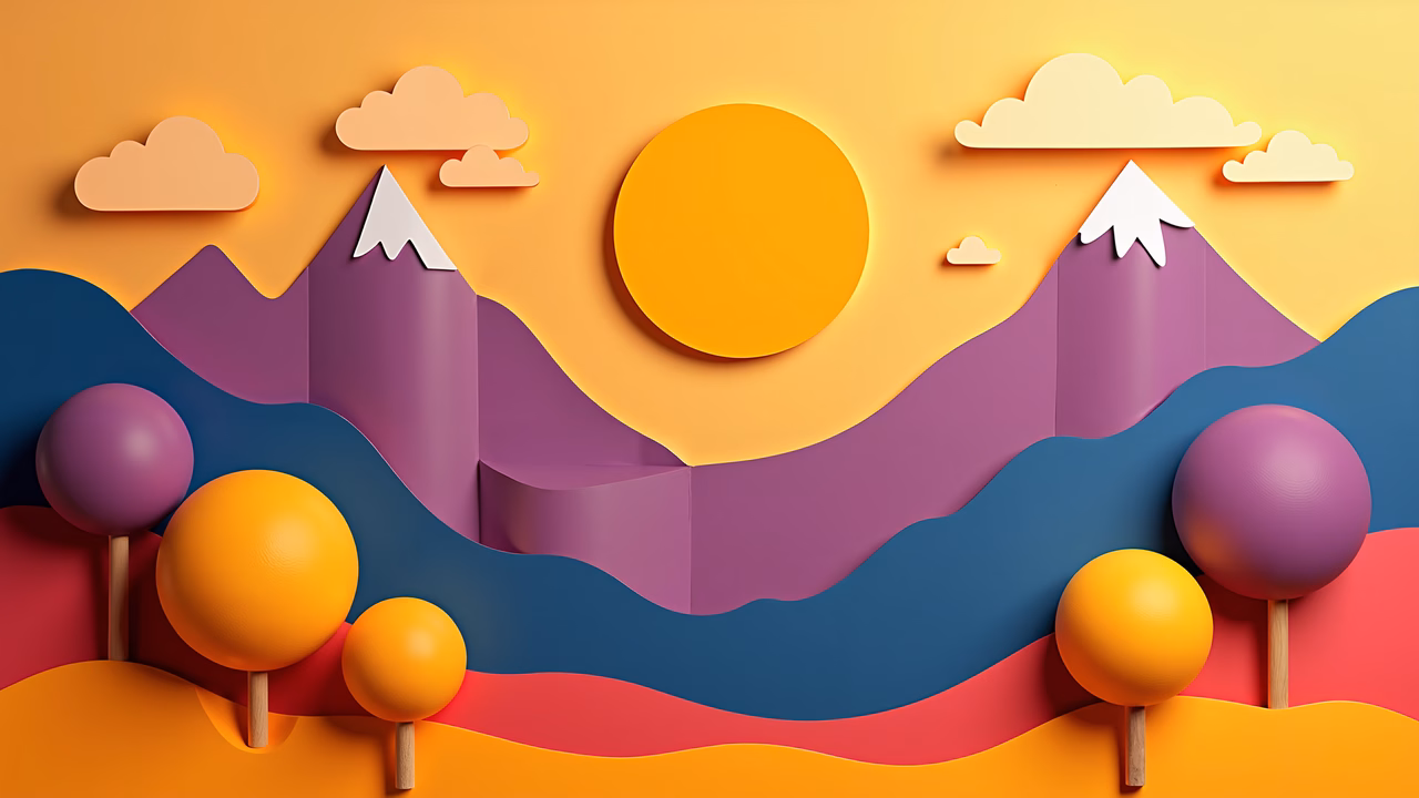Stylized geometric landscape with vibrant colors and a glowing sun.