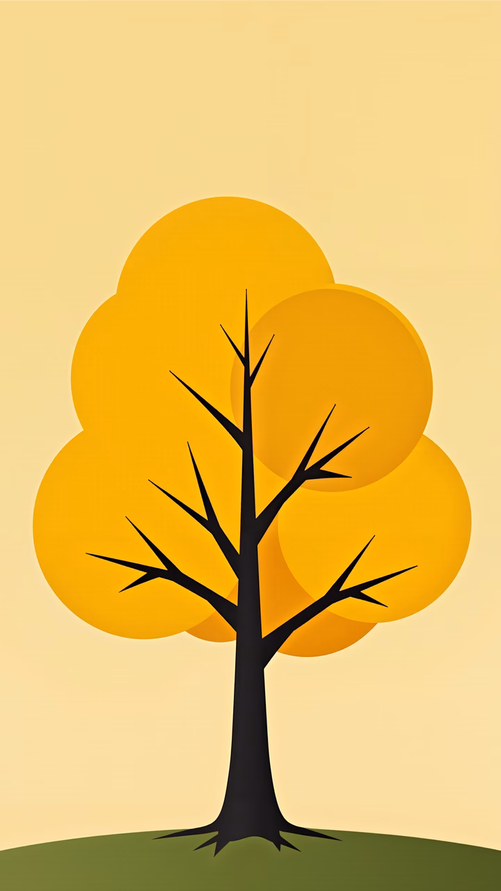 Minimalist abstract tree illustration with bold black and yellow tones.