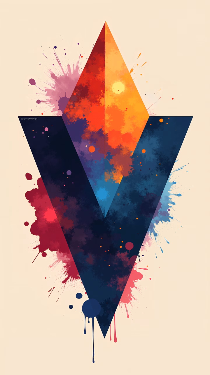 Vibrant abstract illustration with overlapping triangles and paint splatters.