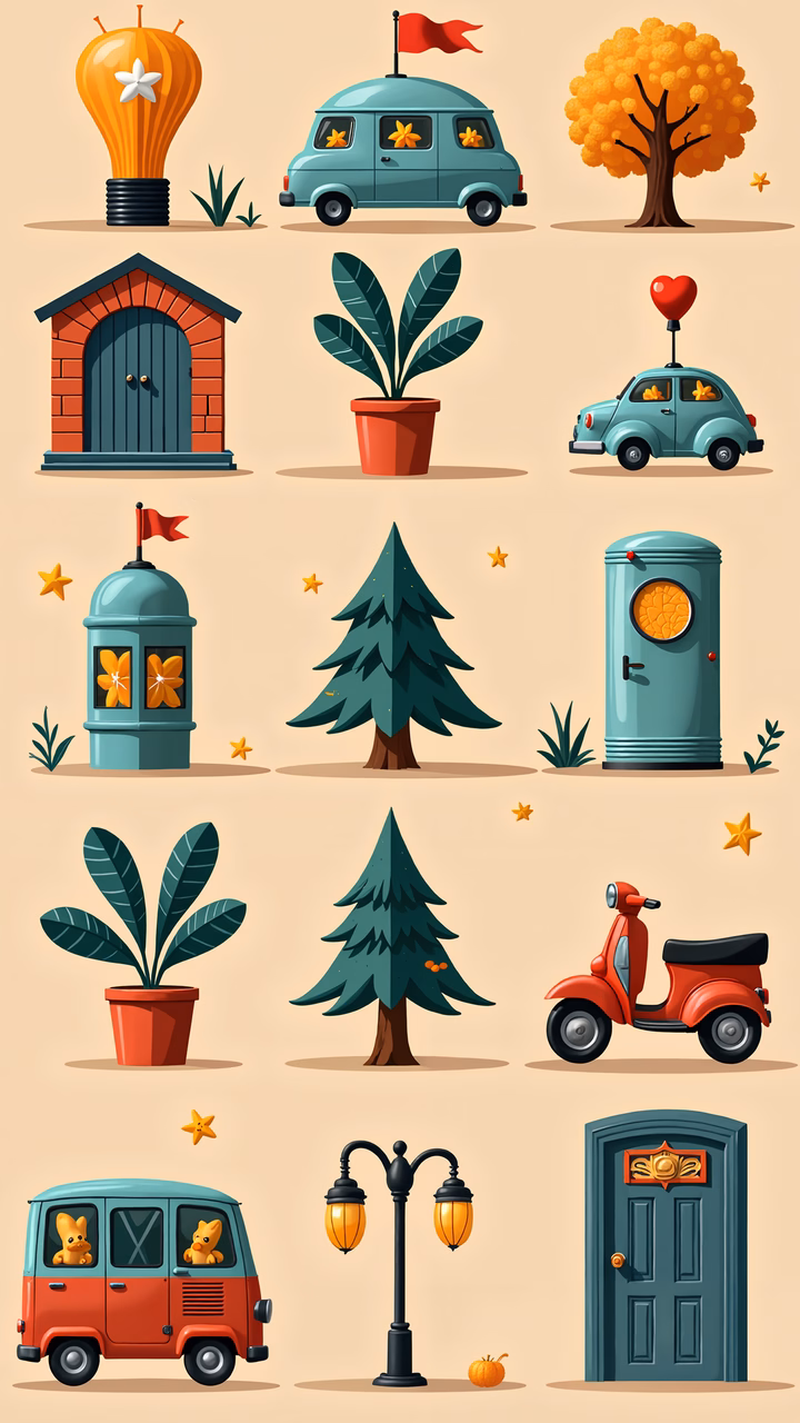Warm autumn illustration with vintage vehicles and seasonal elements.