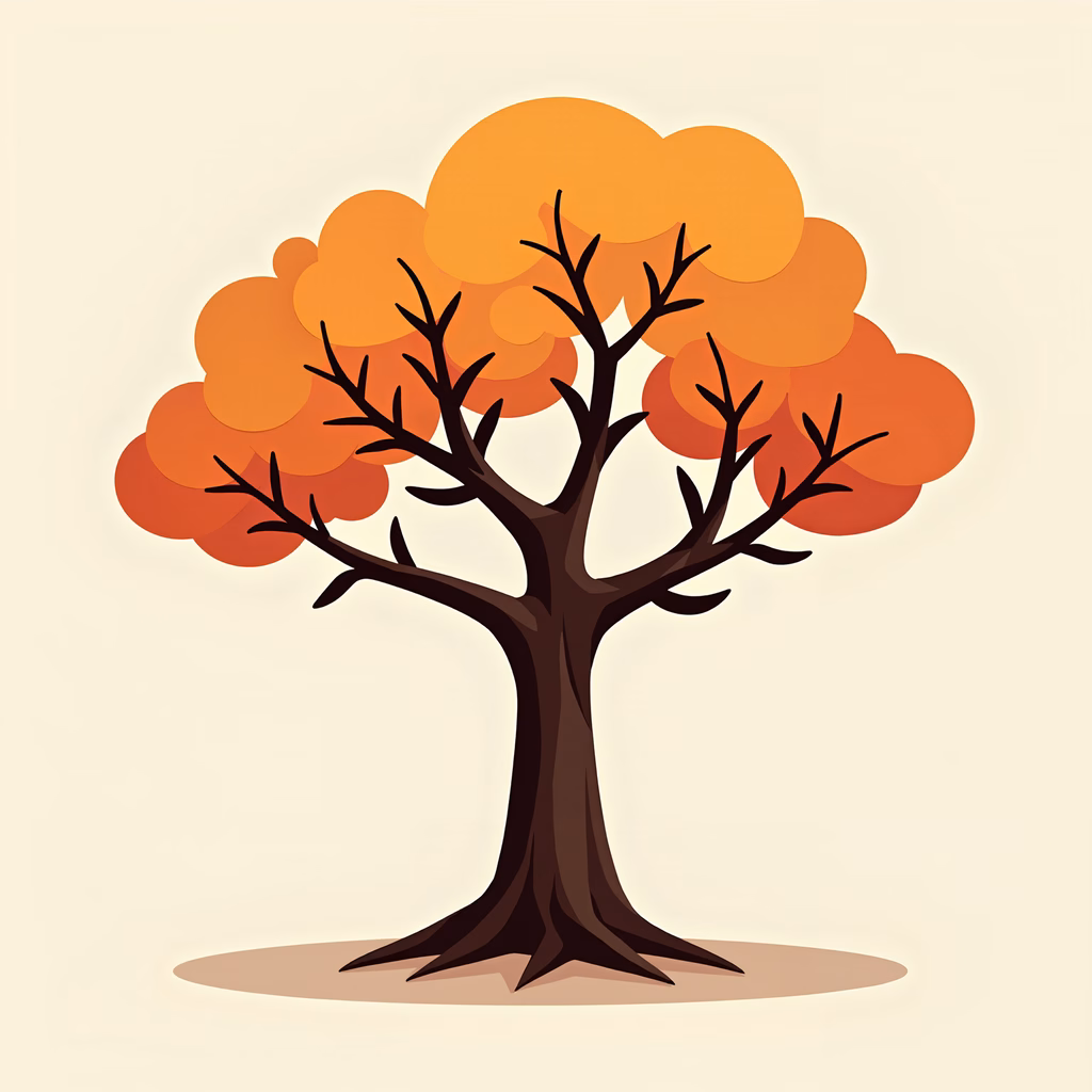 Vibrant autumn tree illustration with warm colors and bare branches.