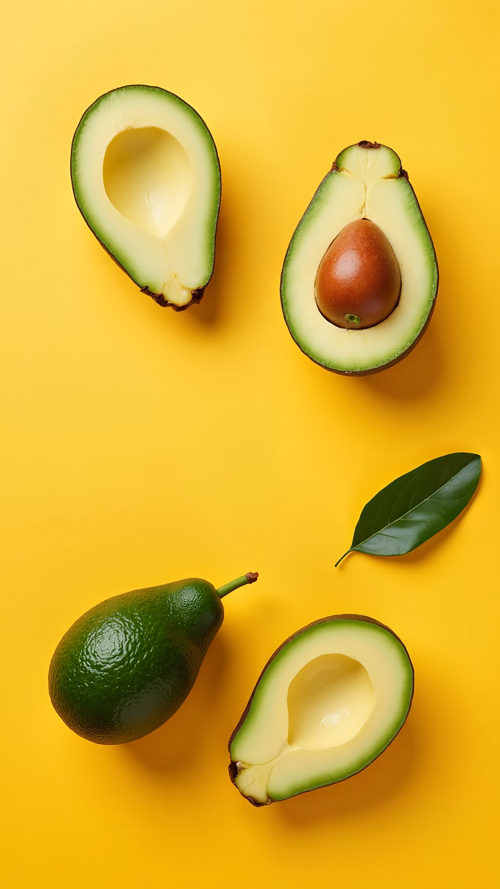 Halved avocados on a yellow background, showcasing natural textures and colors.