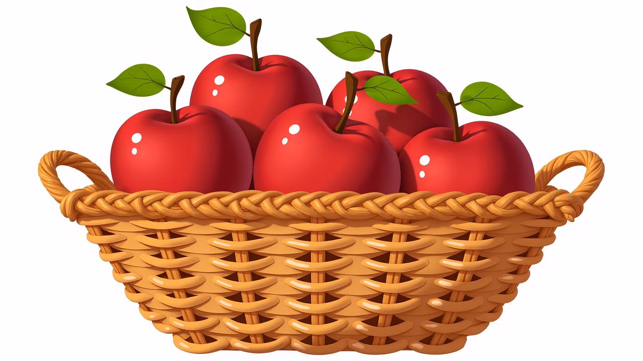 A charming illustration of a basket filled with fresh red apples, perfect for food and drink themes.