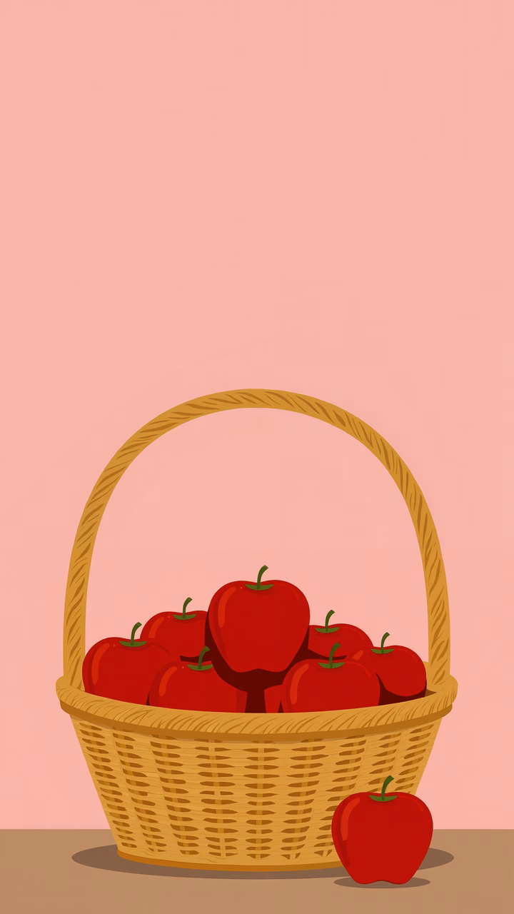 Vibrant red apples in a woven basket on a pink background.