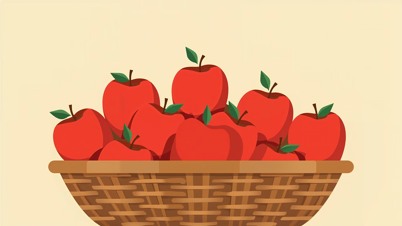 A basket filled with red apples, flat illustration style, food illustration